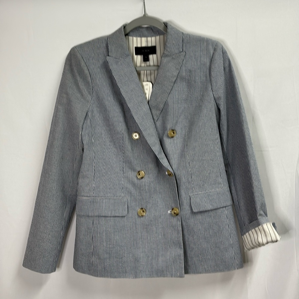 J. Crew Gingham Cotton 2 Button Double Breasted Blazer Navy/White Size 4 NWT
